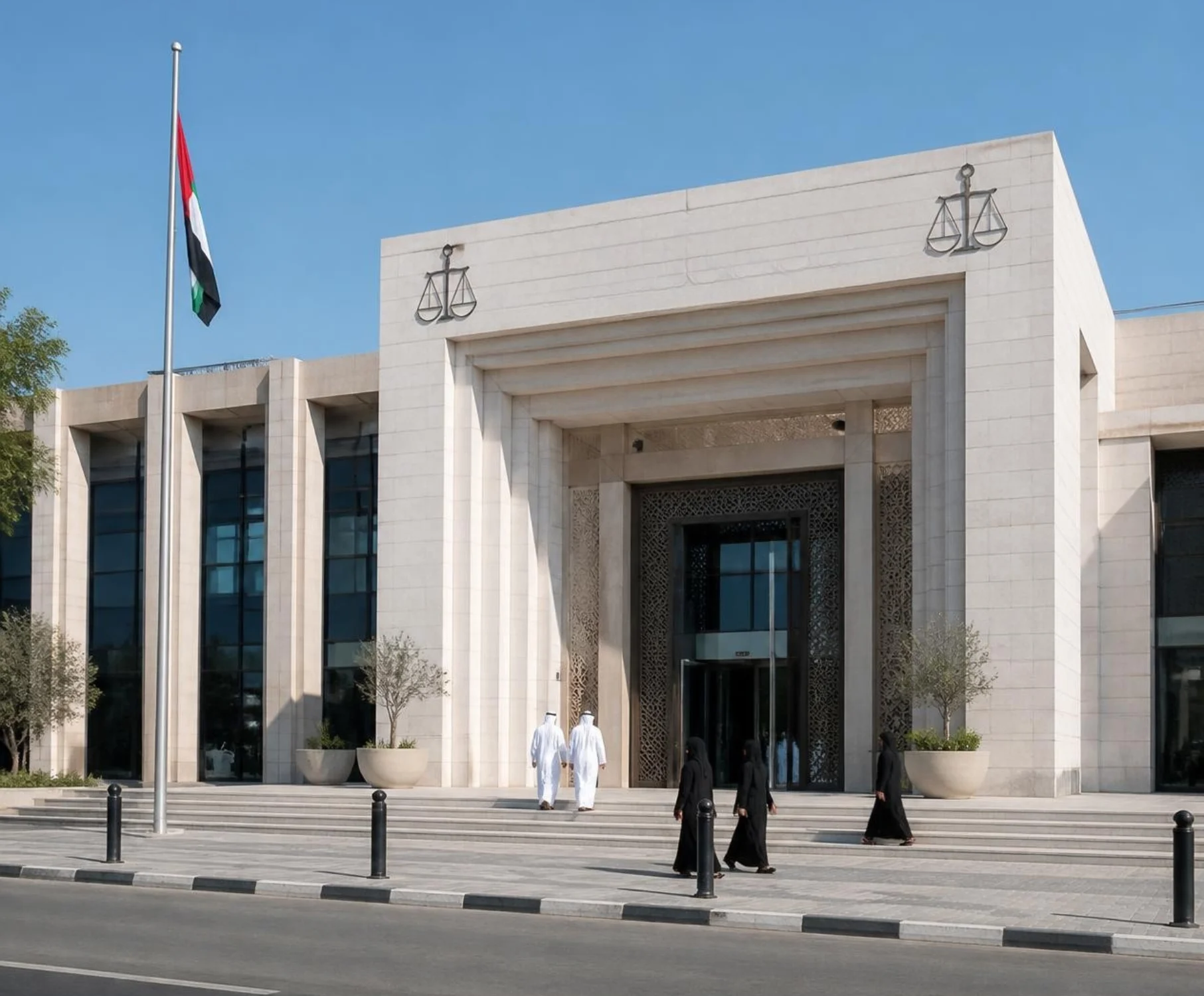 UAE Sharia Court building exterior with UAE flag