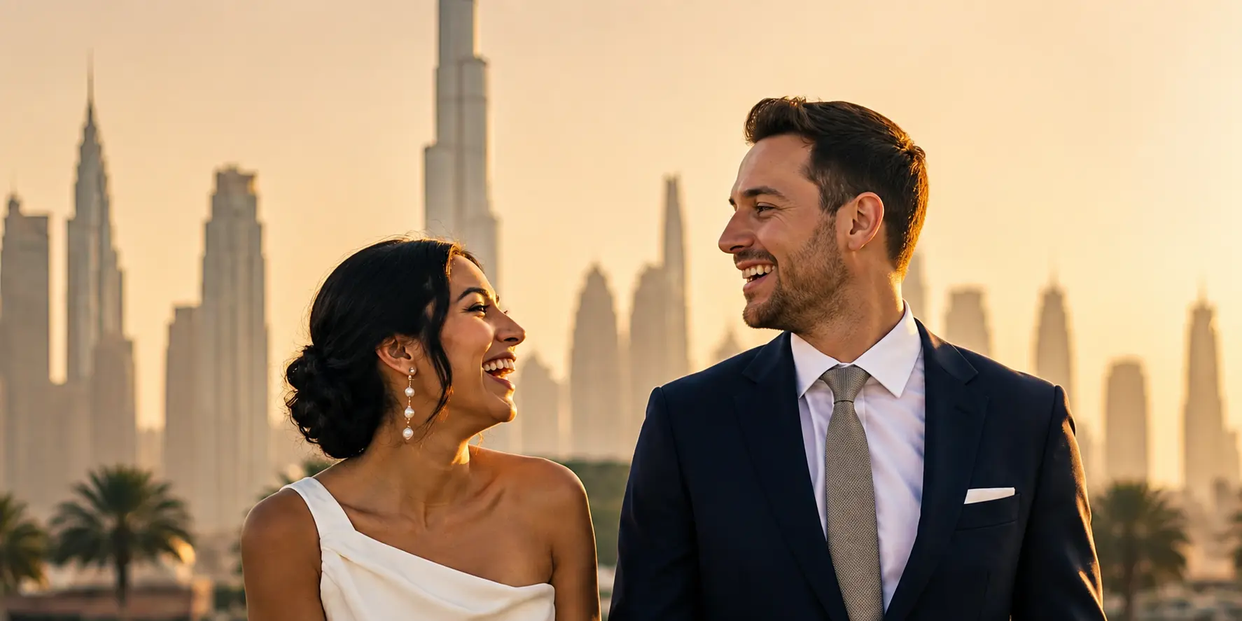 Happy couple in front of Dubai skyline with Burj Khalifa at golden hour