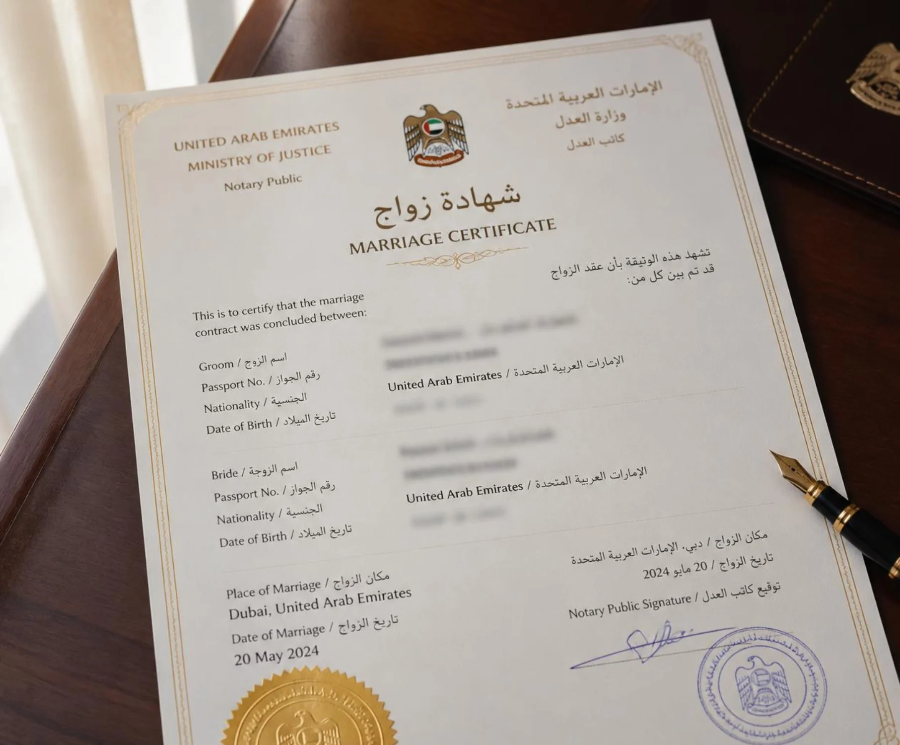 Official UAE Marriage Certificate issued by Ministry of Justice in Dubai