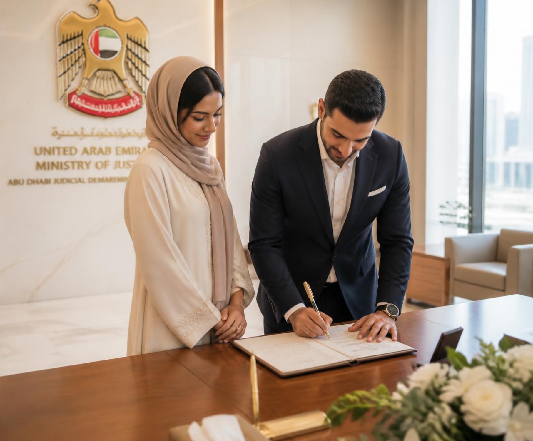 Couple signing marriage contract at Abu Dhabi Judicial Department UAE Ministry of Justice